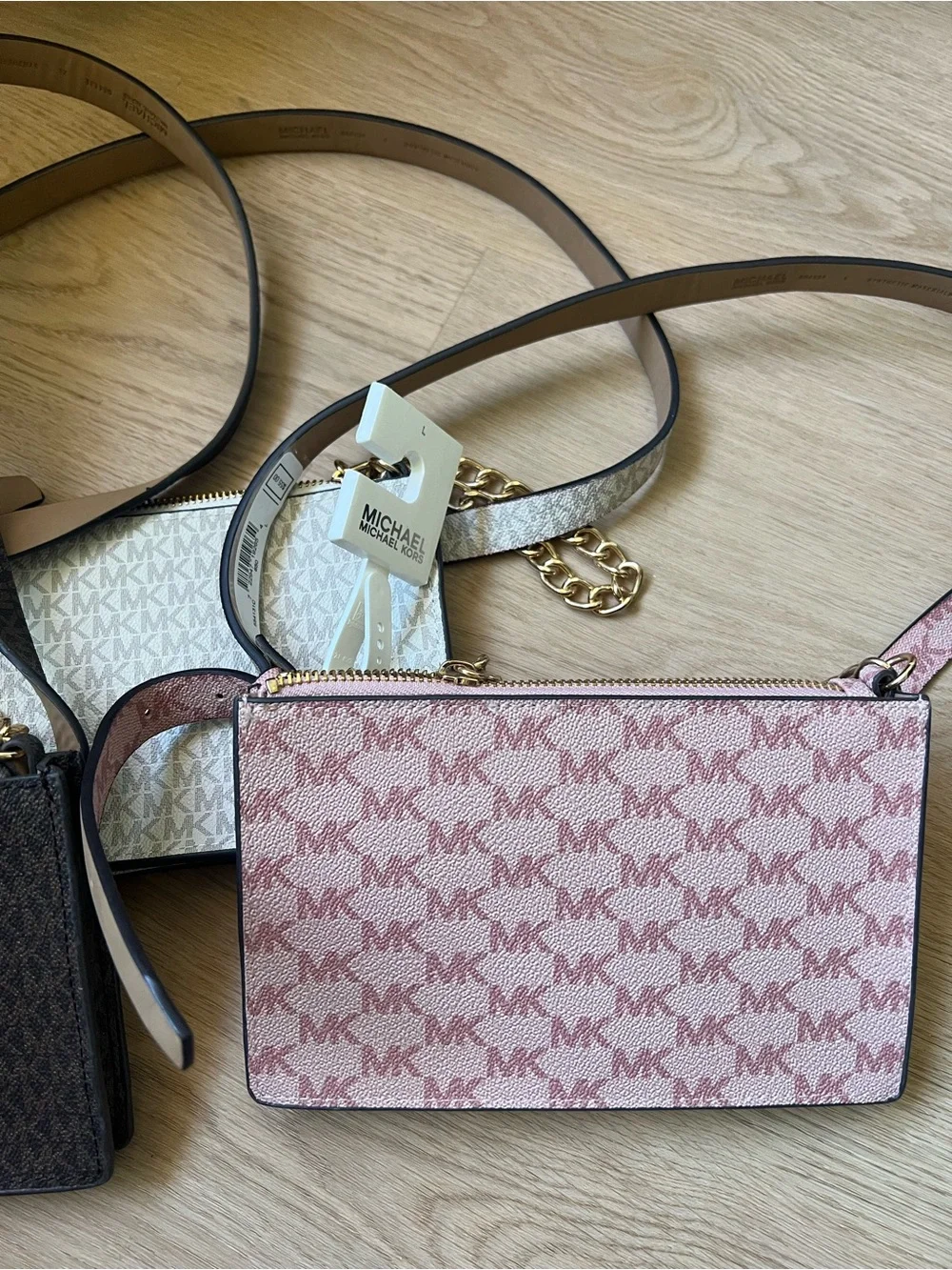 Michael Kors MK Signature Crossbody Trio in Pink, Brown, and Ivory